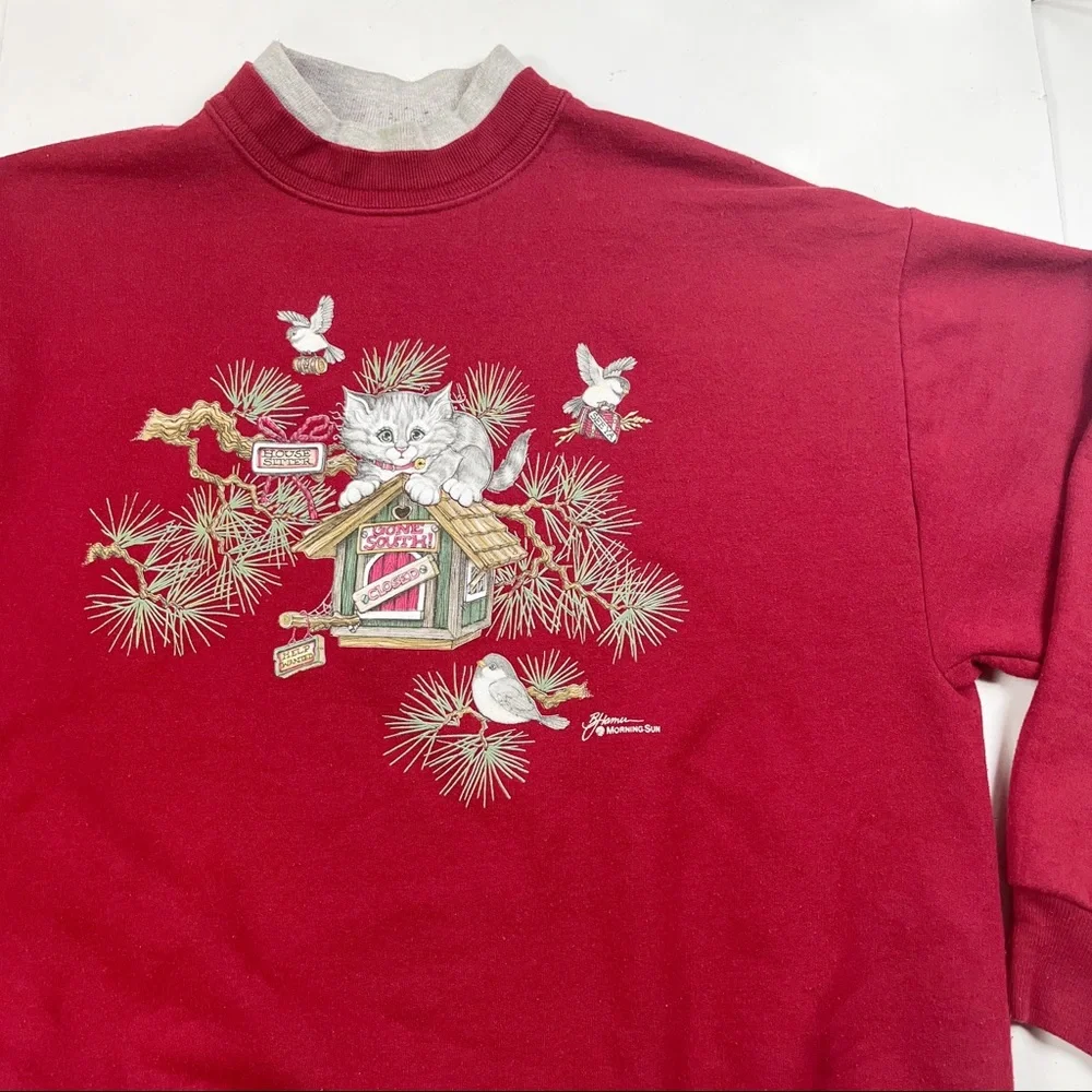 Vintage Cat Sweatshirt size Large Birds Nature Red Pullover - Picture 4 of 10